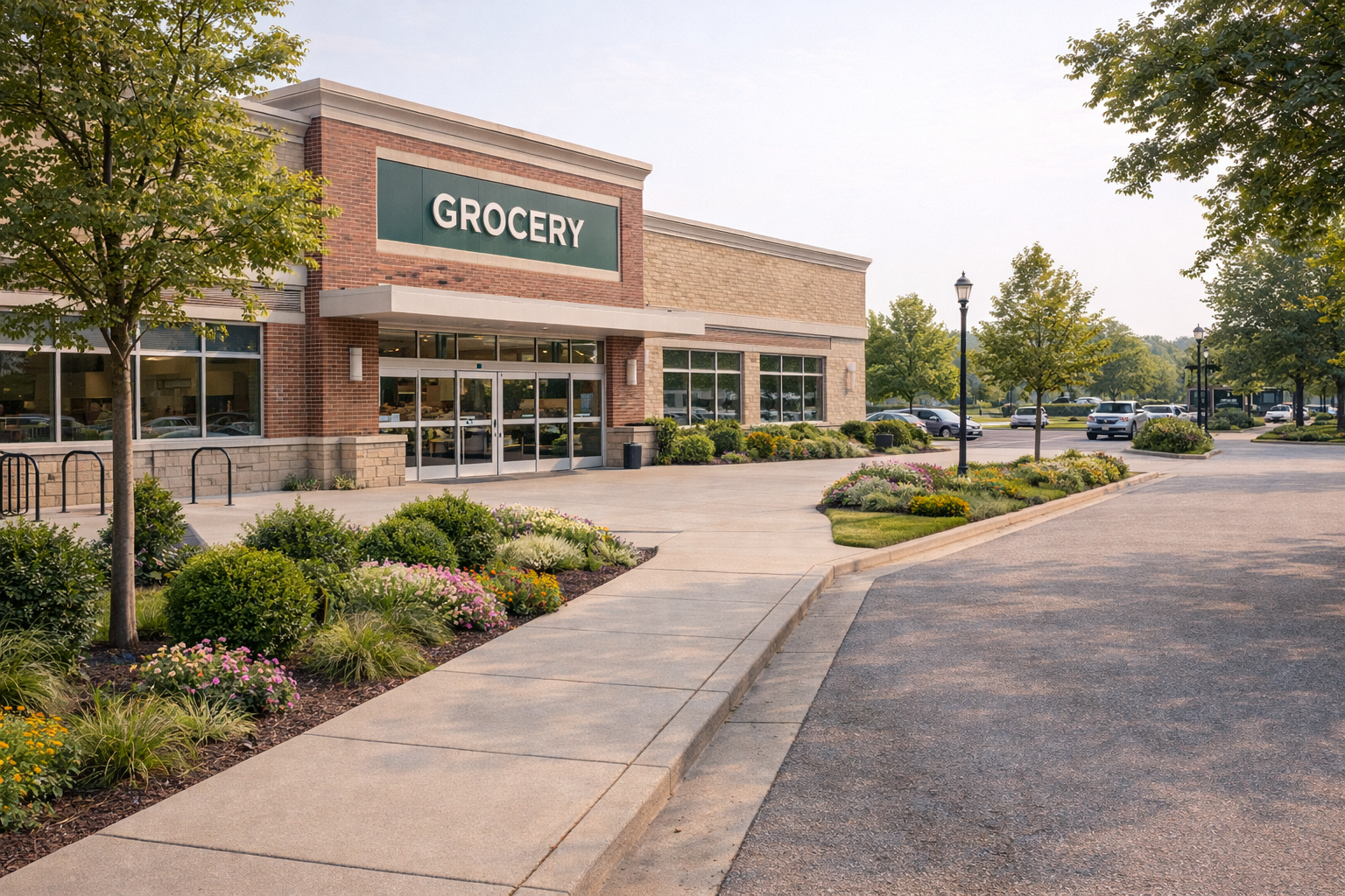 Exterior of a grocery store in Milwaukee with landscaped walkway