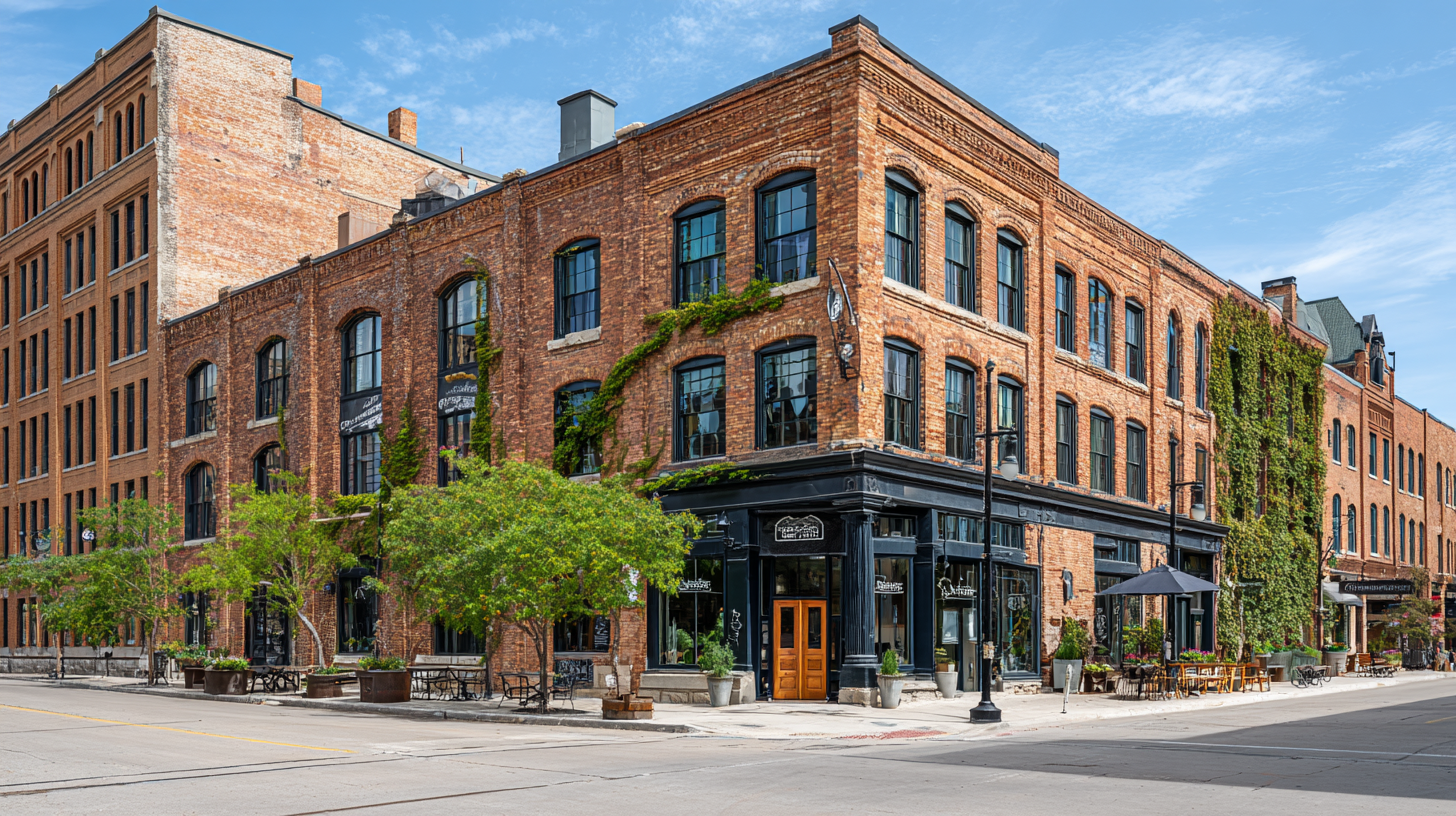 Bright daytime street view of Milwaukee’s Historic Third Ward with renovated brick warehouses, green vines, and outdoor café seating