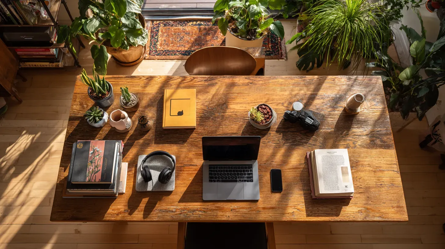Organized desk space with personal items, useful for taking rental property inventory Top-down view of a wooden table in a Milwaukee apartment with personal belongings neatly arranged for inventory