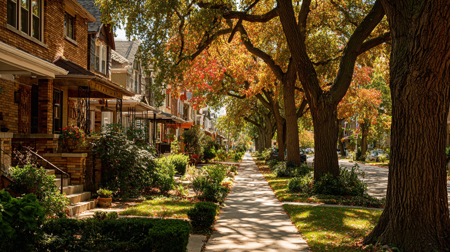 A quiet tree-lined residential street in Milwaukee with fall leaves and brick apartment buildings