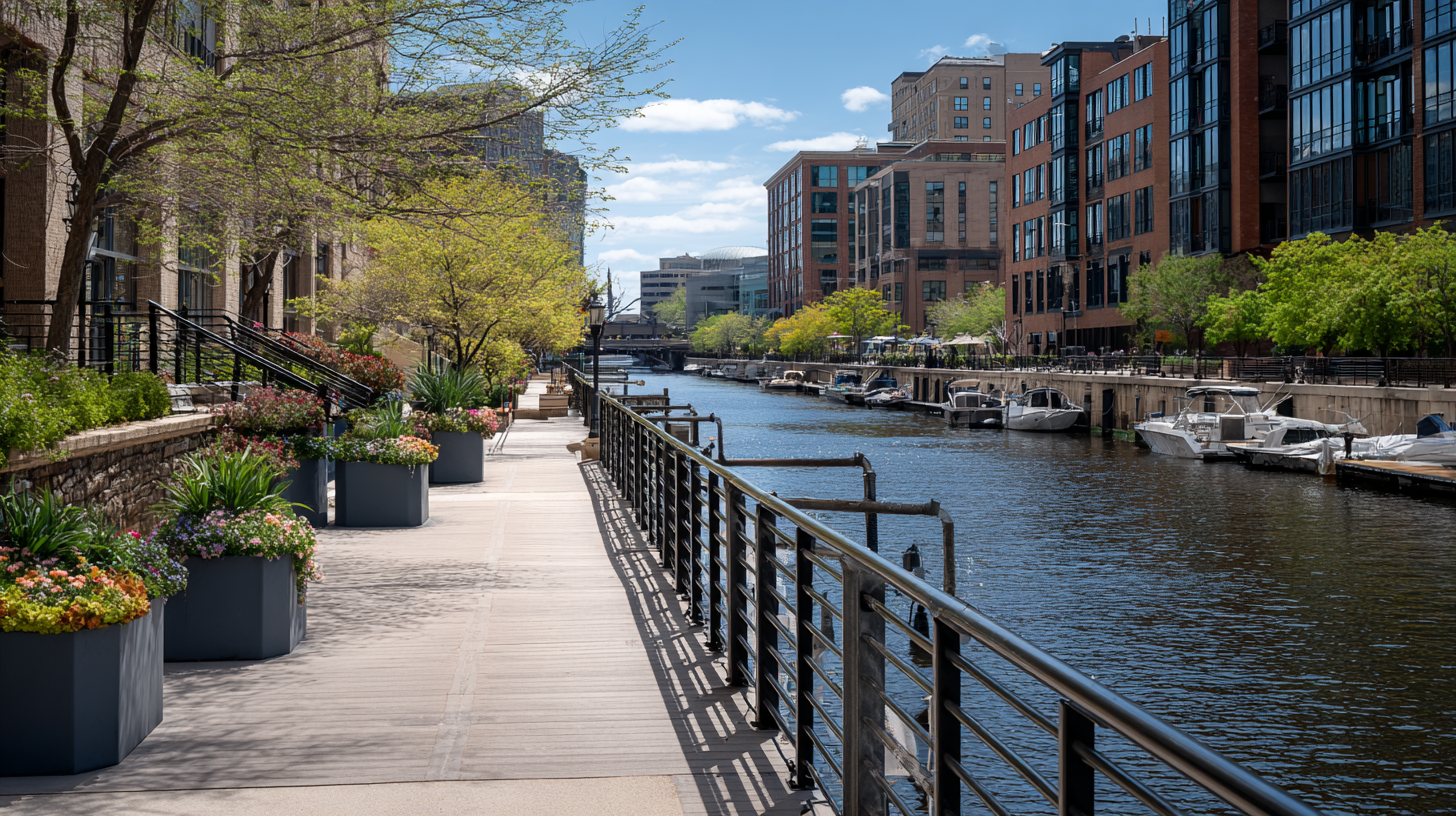 Scenic spring view of Milwaukee’s Riverwalk with modern buildings, docked boats, and colorful flower planters along the water