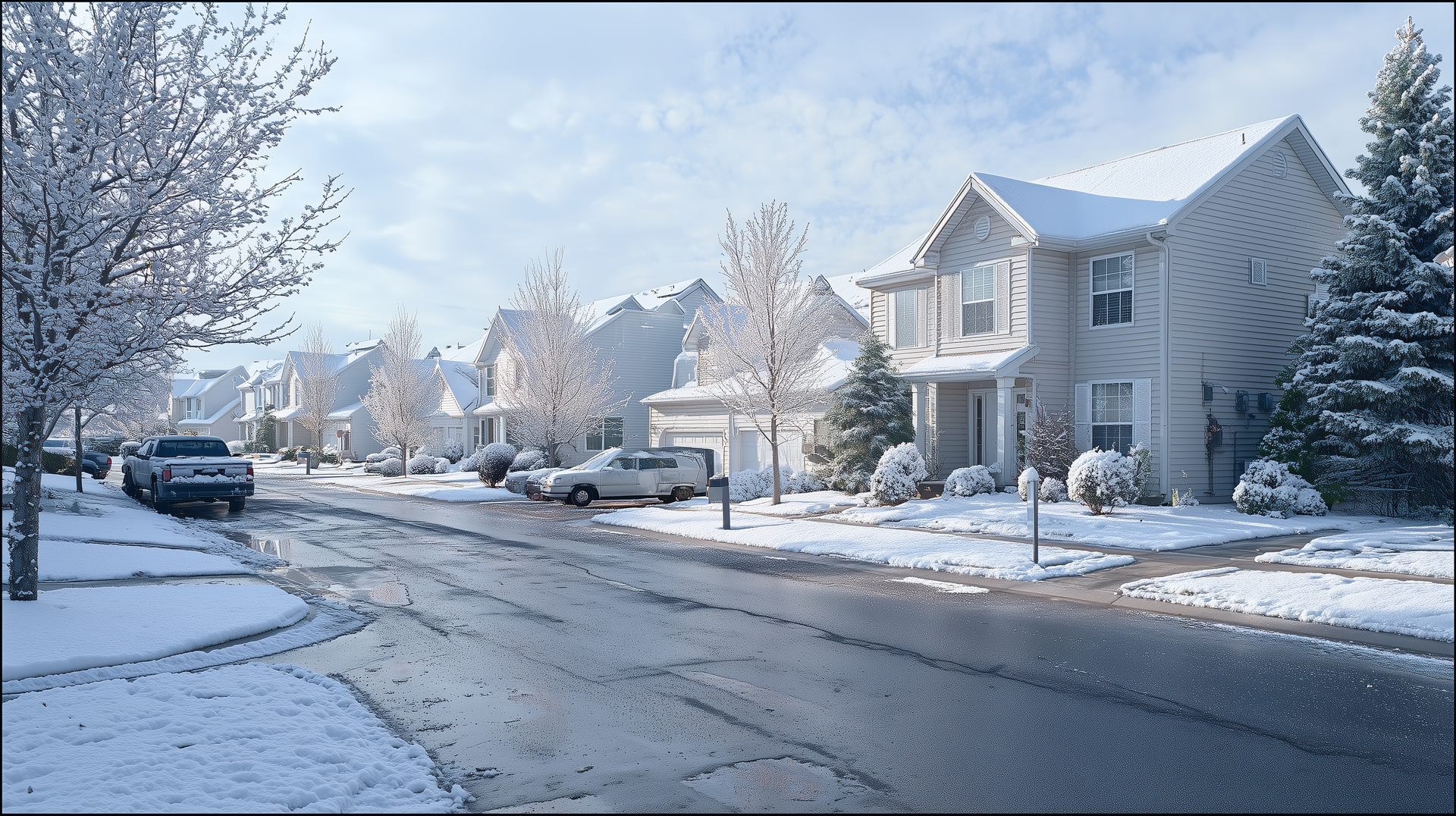 Milwaukee suburb after a fresh snowfall uiet suburban Milwaukee street after fresh snow with plowed road, trees, and tidy homes in winter