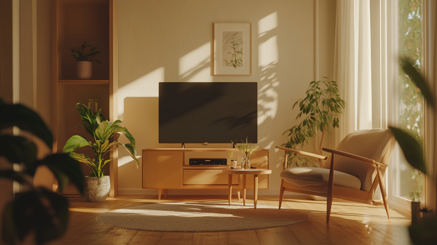 Simple modern living room with TV and natural lighting. Minimal modern living room setup with TV, armchair, indoor plants, and soft daylight filtering through curtains.