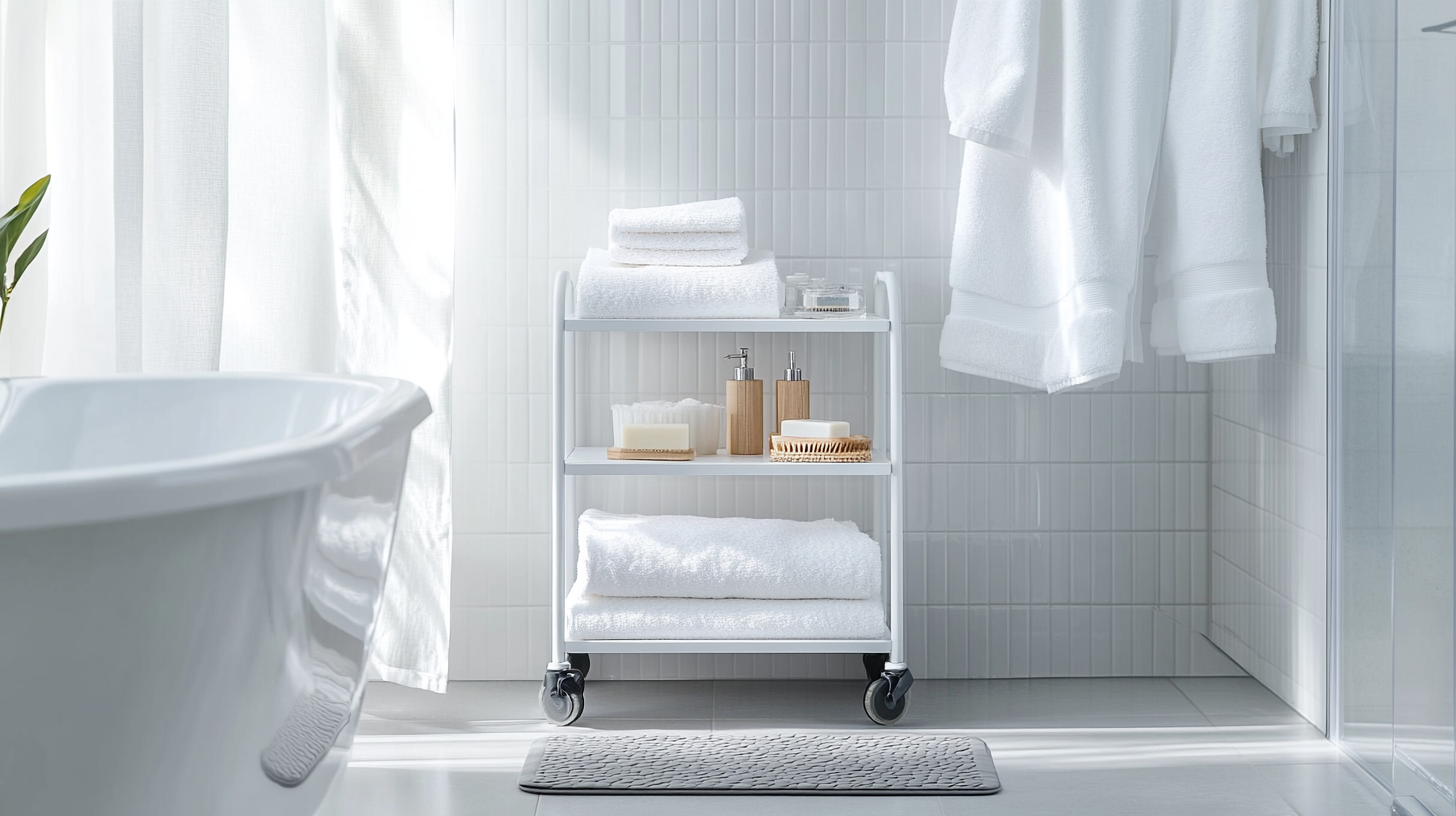 Minimalist bathroom storage cart with folded towels, soap dispensers, and grooming essentials in a bright, clean bathroom.