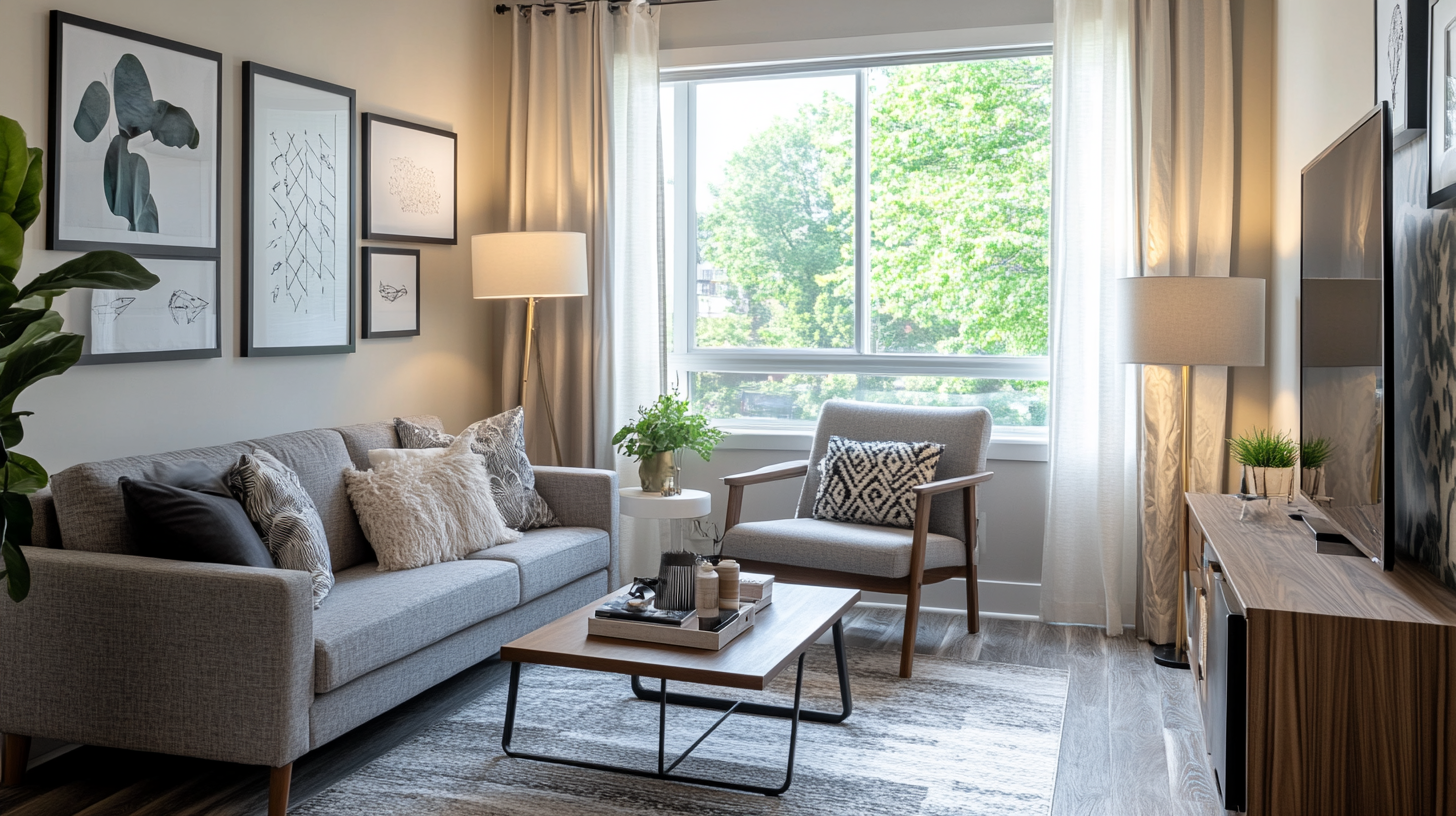 Modern living room with gray sofa, minimalist art gallery wall, and large window with natural light.