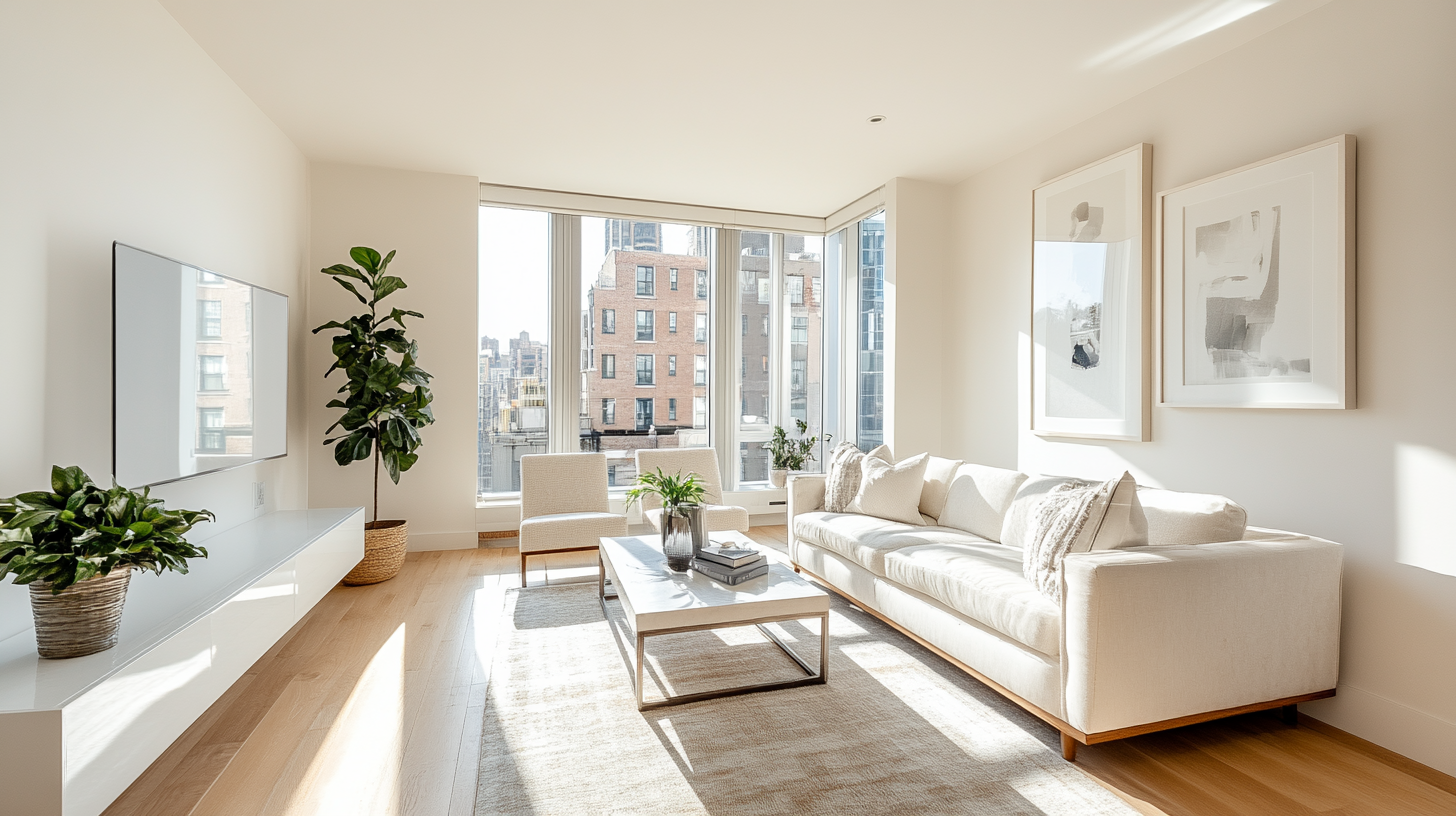 Modern apartment living room with a white sofa, coffee table, letting in natural light.