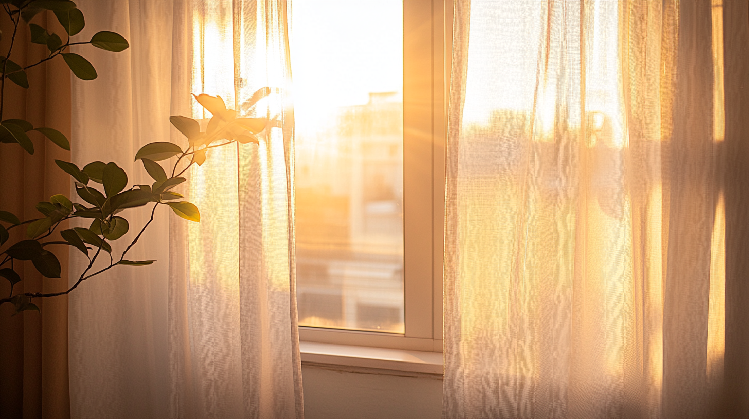 Sunlight coming through curtains in a cozy apartment.