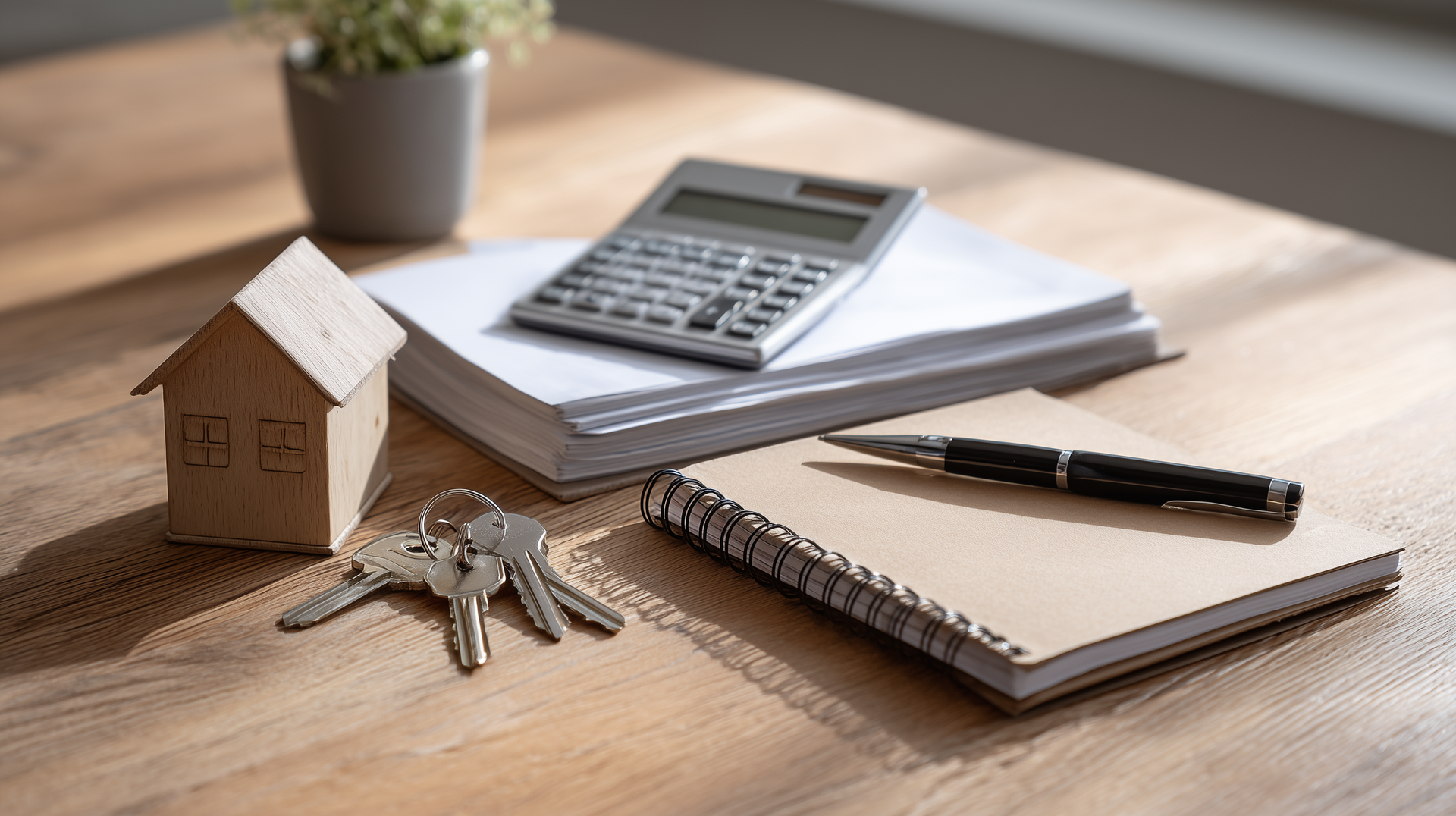 Top-down view of mortgage papers, calculator, keys, and notebook—an honest all-in cost check before buying a house.