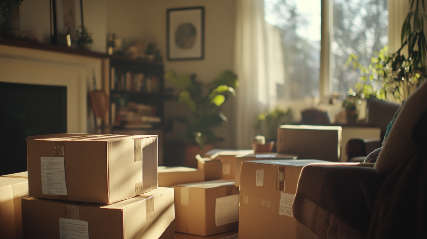 A living room with sunlight streaming in, filled with neatly packed and labeled moving boxes for mov