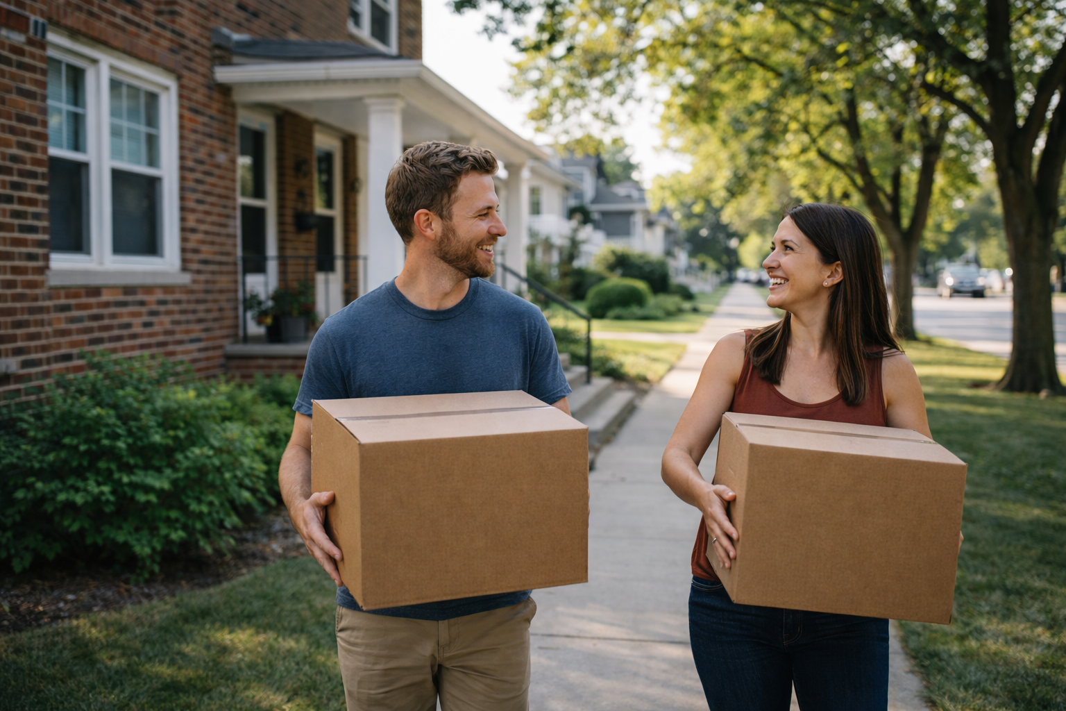 A smiling young couple carrying cardboard moving boxes into a classic brick duplex in Green Bay.