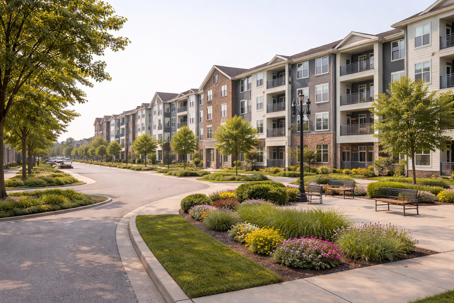 Modern suburban apartment buildings in Oak Creek