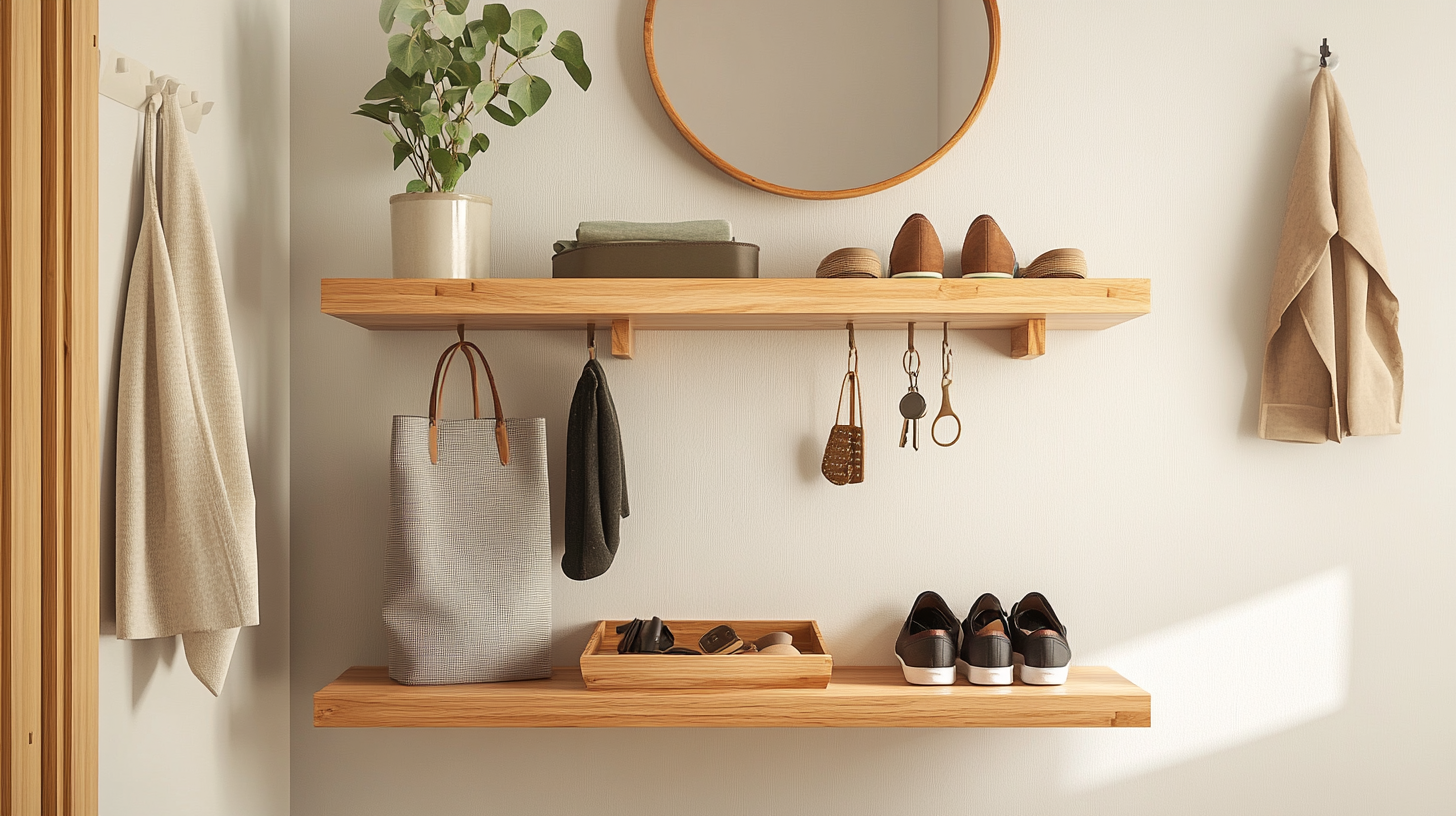 Entryway with wooden shelves holding shoes, bags, a potted plant, and hooks for keys and coats.