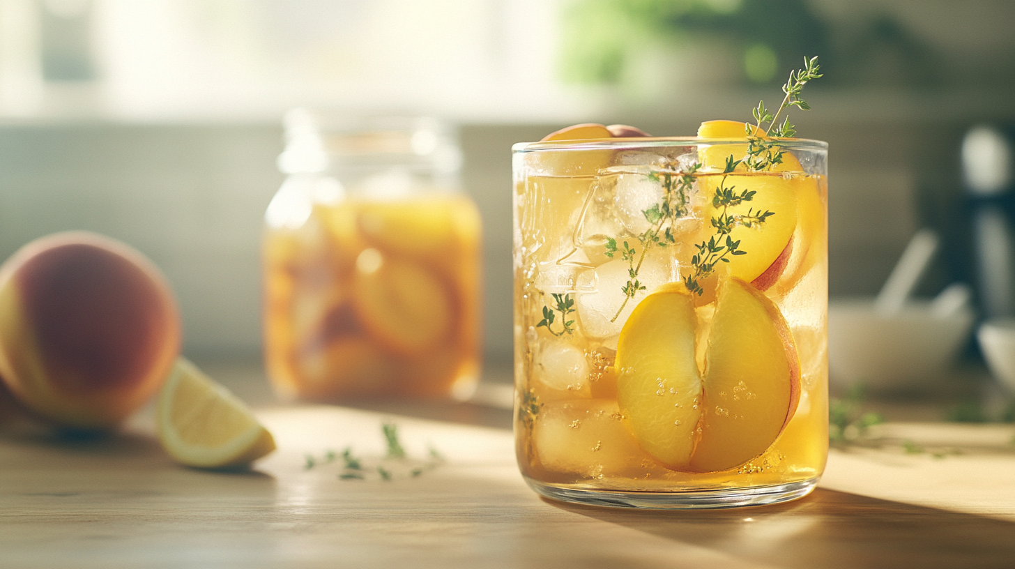 Refreshing peach and thyme iced tea Close-up of golden iced tea with fresh peach slices and thyme sprigs in a glass jar