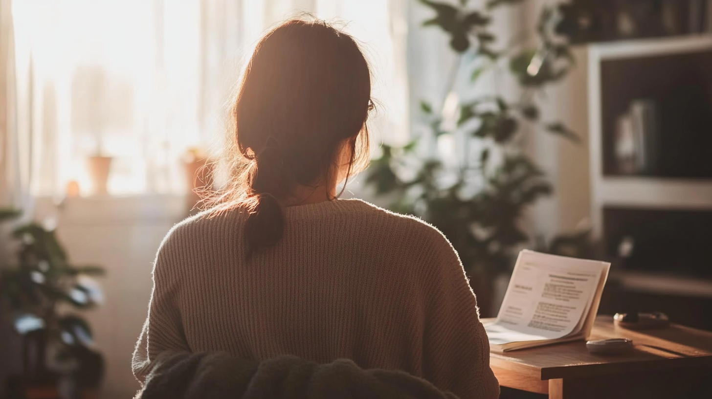 Person at a desk with natural sunlight streaming into a cozy apartment.