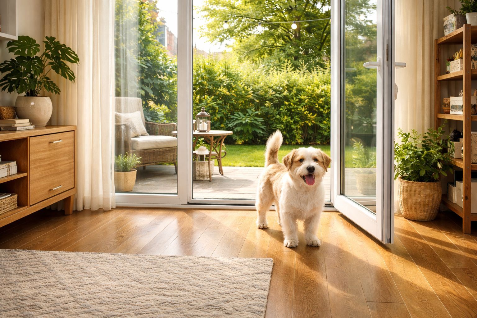 A small terrier dog standing on clean hardwood floors by an open patio door leading to a green private yard.