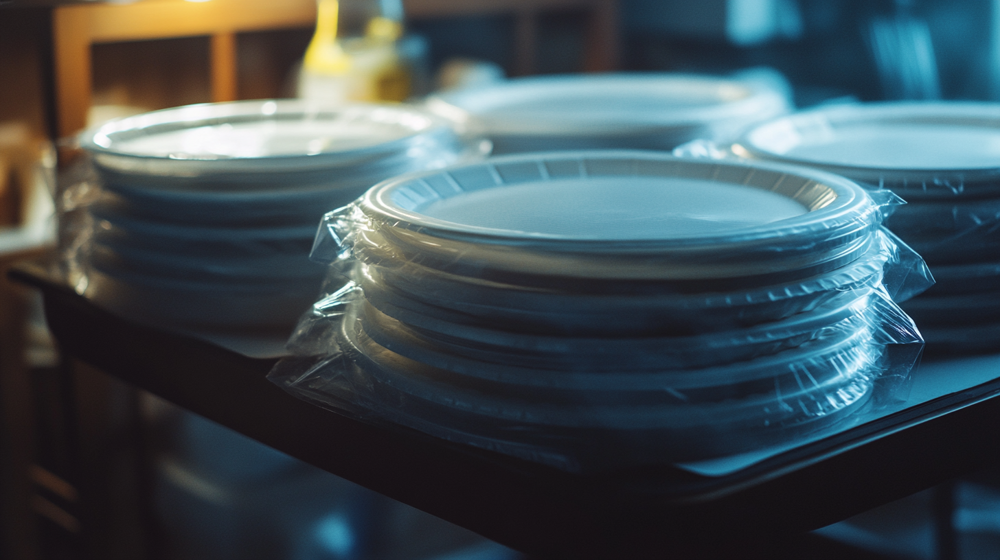 A close-up view of stacks of plates separated by disposable paper plates to prevent damage during the move.