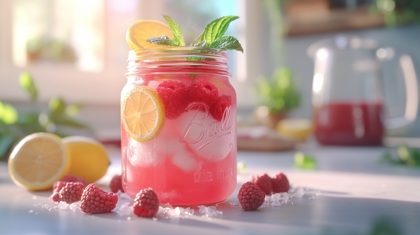 Fresh raspberry pink lemonade Mason jar filled with raspberry pink lemonade, lemon slices, and mint on a sunny table