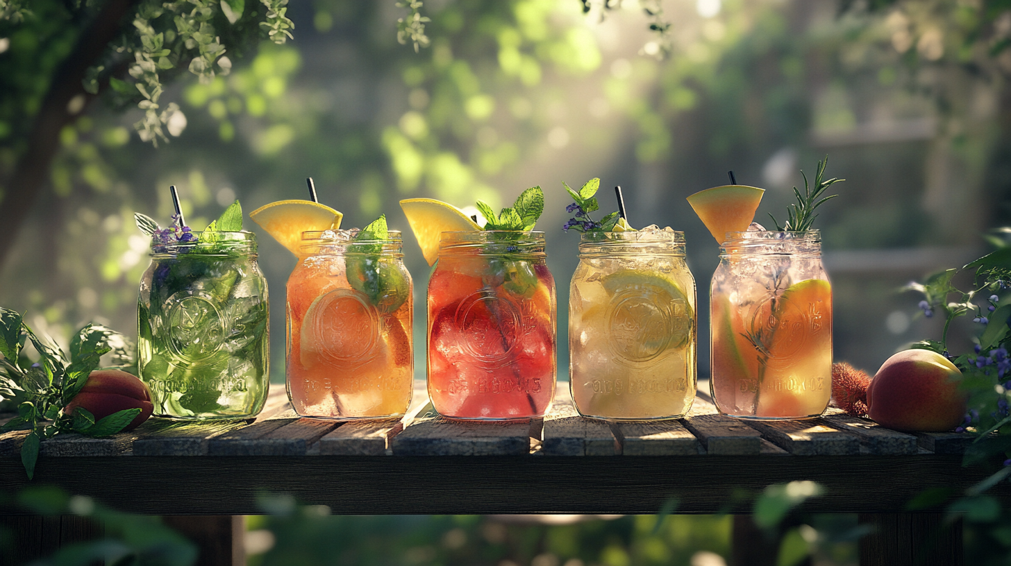 A row of five colorful summer drinks in glass jars on a wooden table under soft outdoor sunlight