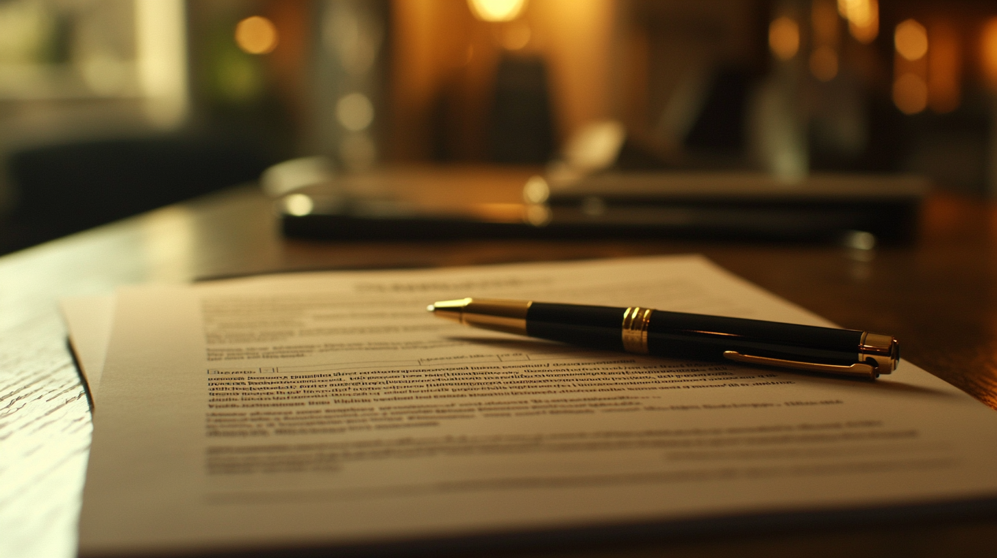 Prepare and review lease terms before signing Close-up of a rental agreement and pen on a wooden table with soft background lighting