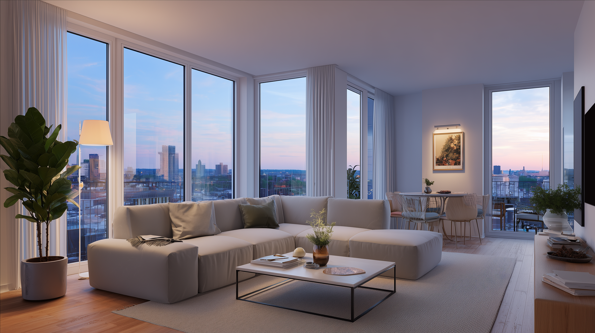 Modern apartment living room at dusk with city view, showing renting as a calm alternative to buying a house right now.