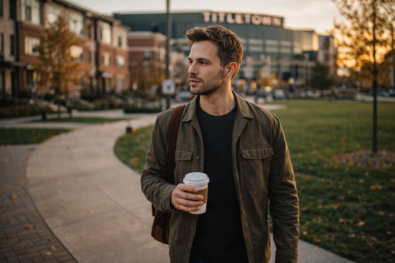A young professional walking through the modern Titletown District park near Lambeau Field on a sunny autumn day.