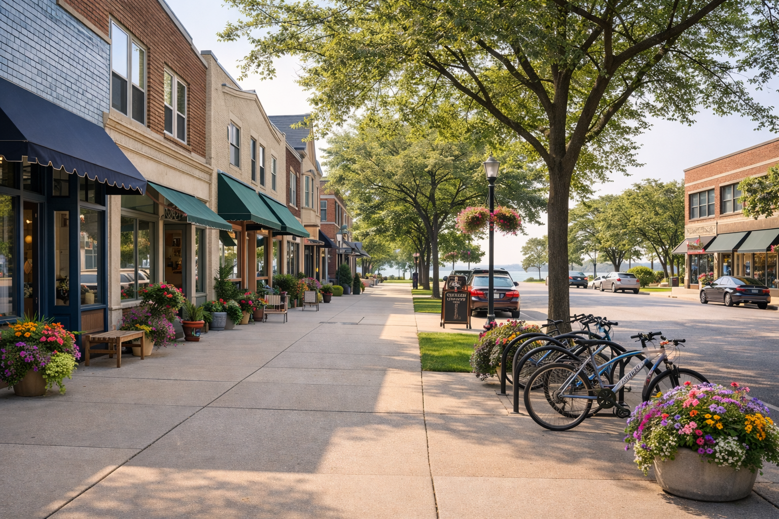 Walkable storefront street with trees and bikes in Shorewood