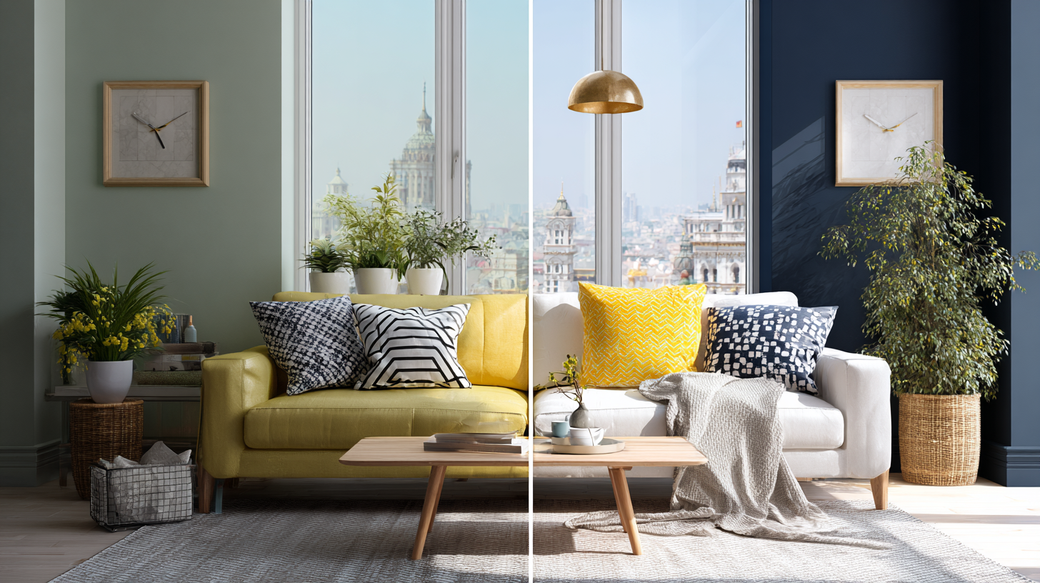 Split-screen living room showing two different wall colors and how they affect design cohesion