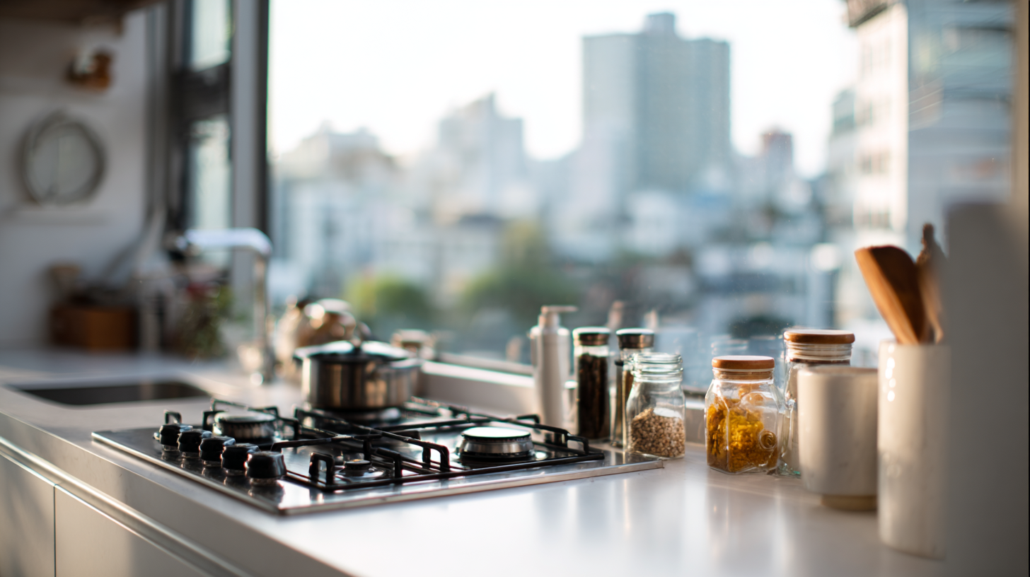 Close-up of a small apartment kitchen counter in Milwaukee with stove and jars by a city window
