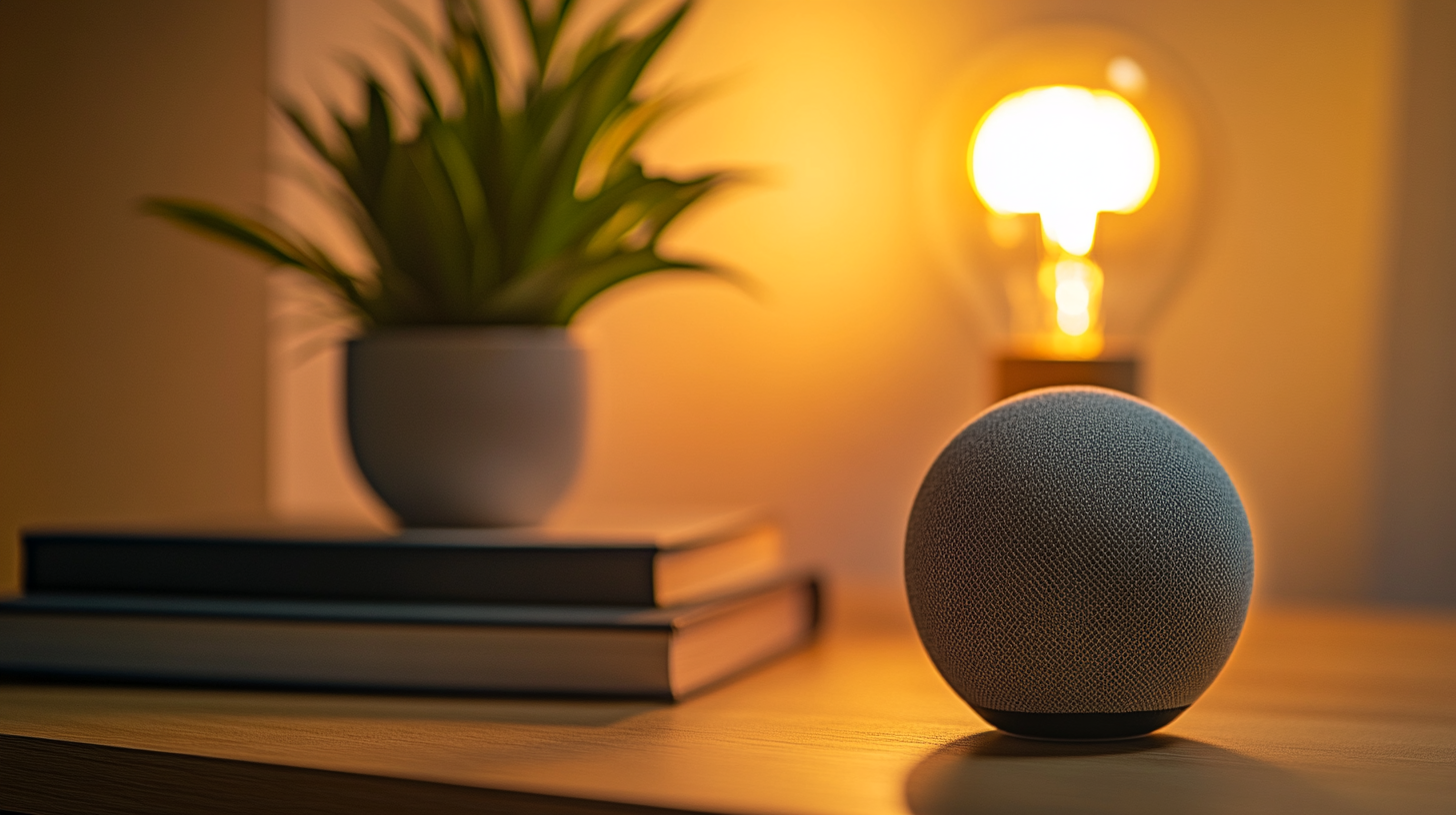 Close-up of a smart speaker on a wooden table, next to a small potted plant and books, with a glowing lightbulb in the background.