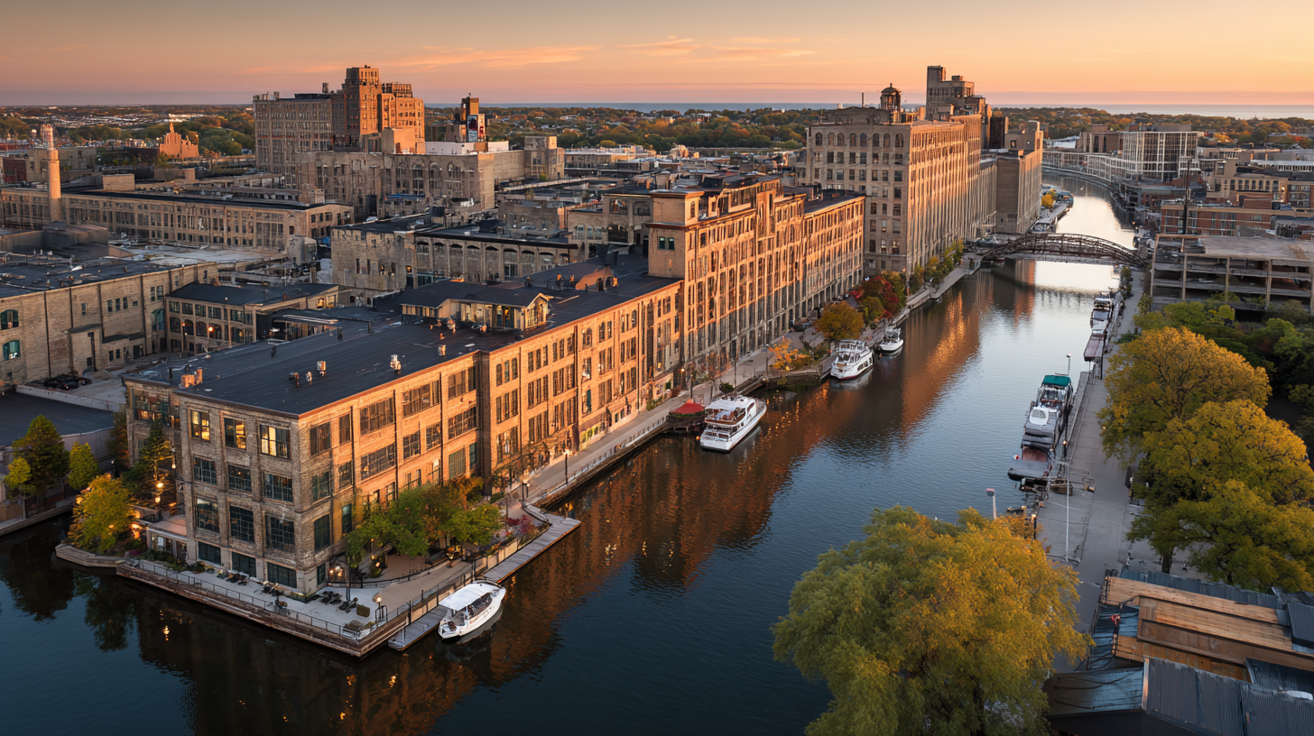 Aerial view of Milwaukee’s Historic Third Ward at sunset with riverwalk, converted loft buildings, and boats