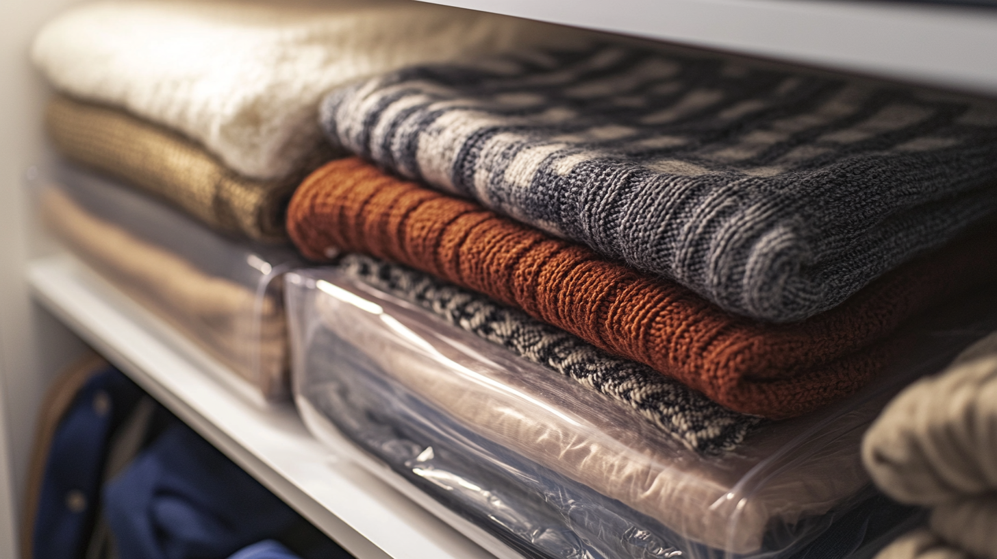 A shelf with folded clothes stored in vacuum-sealed bags, showing a practical moving hack to save space.