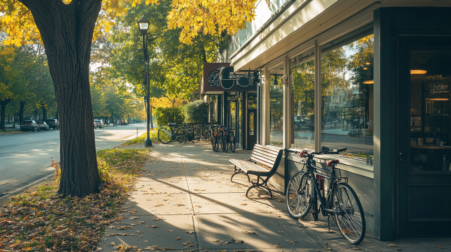 Explore the neighborhood before you rent Tree-lined sidewalk with a local coffee shop, bench, and parked bikes on a sunny day
