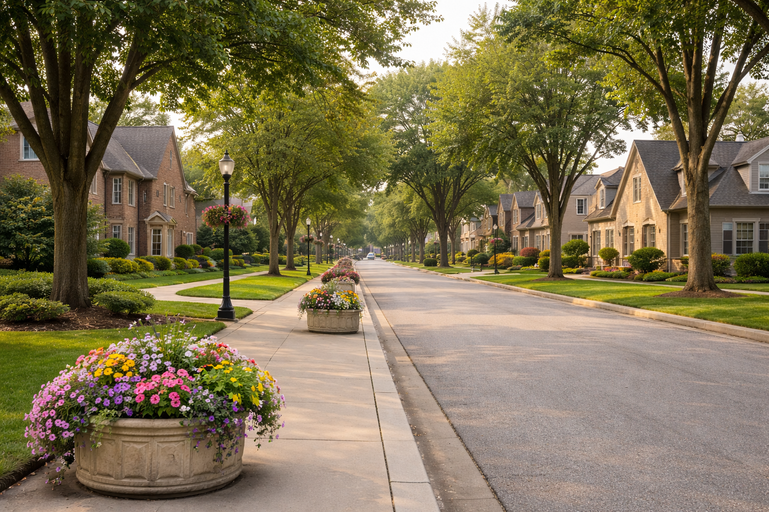 Tree-lined suburban street with brick homes in Wauwatosa