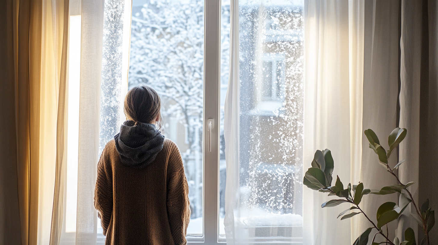 Snowy outdoor view through an insulated apartment window.