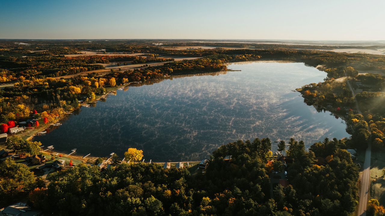 View of a scenic lake and forest in Wisconsin during autumn