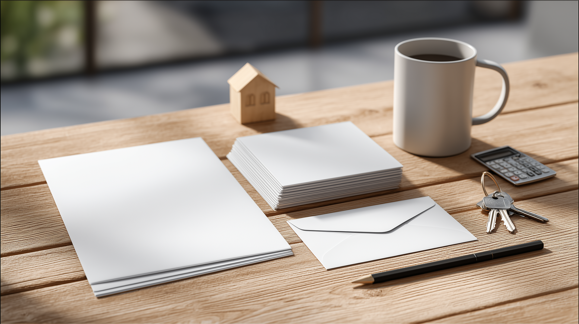 Simple budget planning flat-lay for a Wisconsin move Flat-lay of blank papers, envelope, keys, small house figurine, calculator, pen, and mug on a wooden table