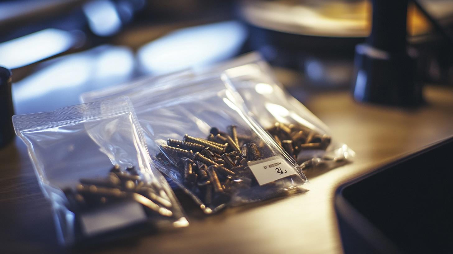 Close-up of Ziploc bags containing screws and labeled for furniture reassembly, a useful moving house tip for keeping parts organized.