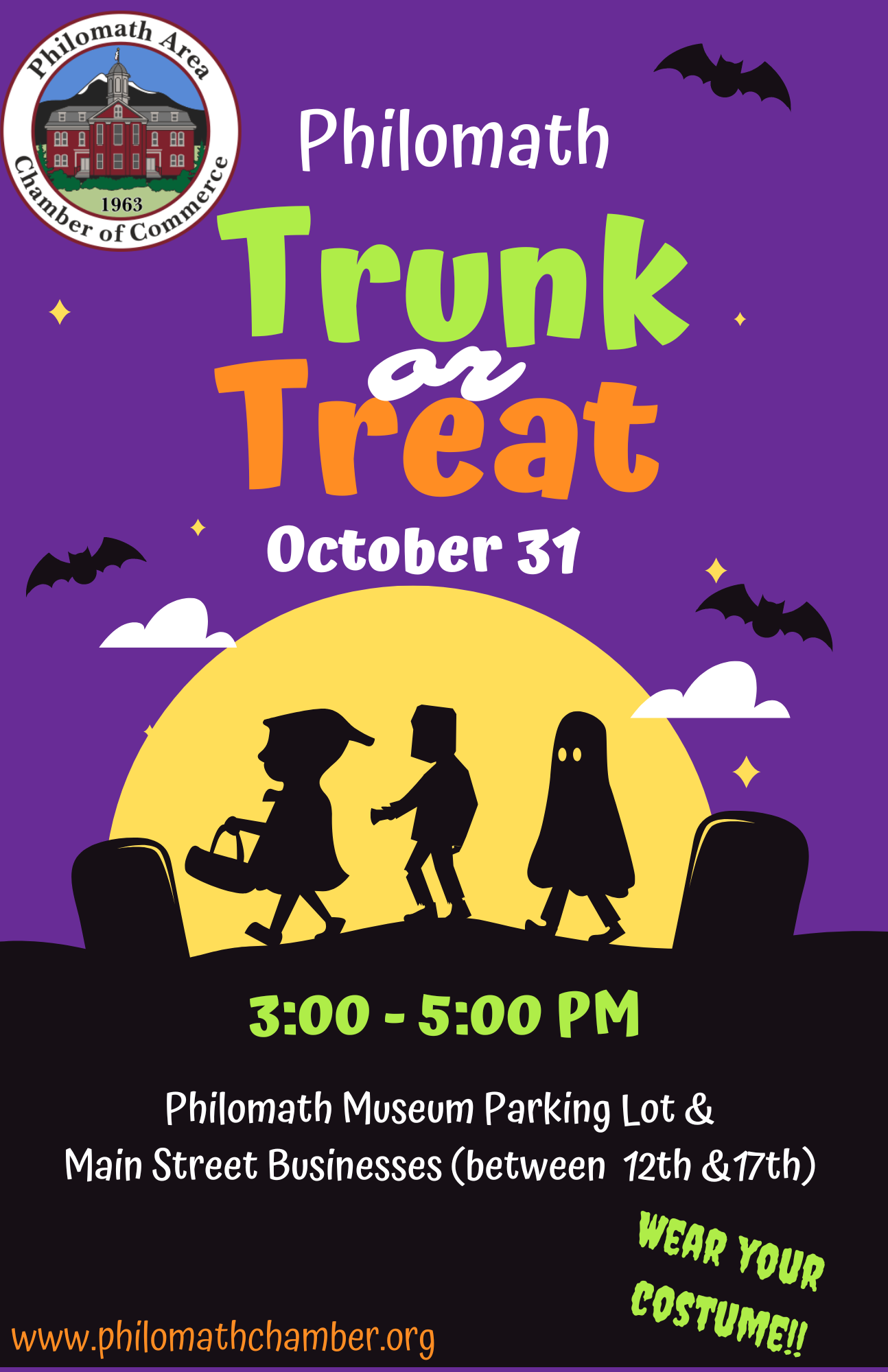 A poster for philomath trunk or treat on october 31