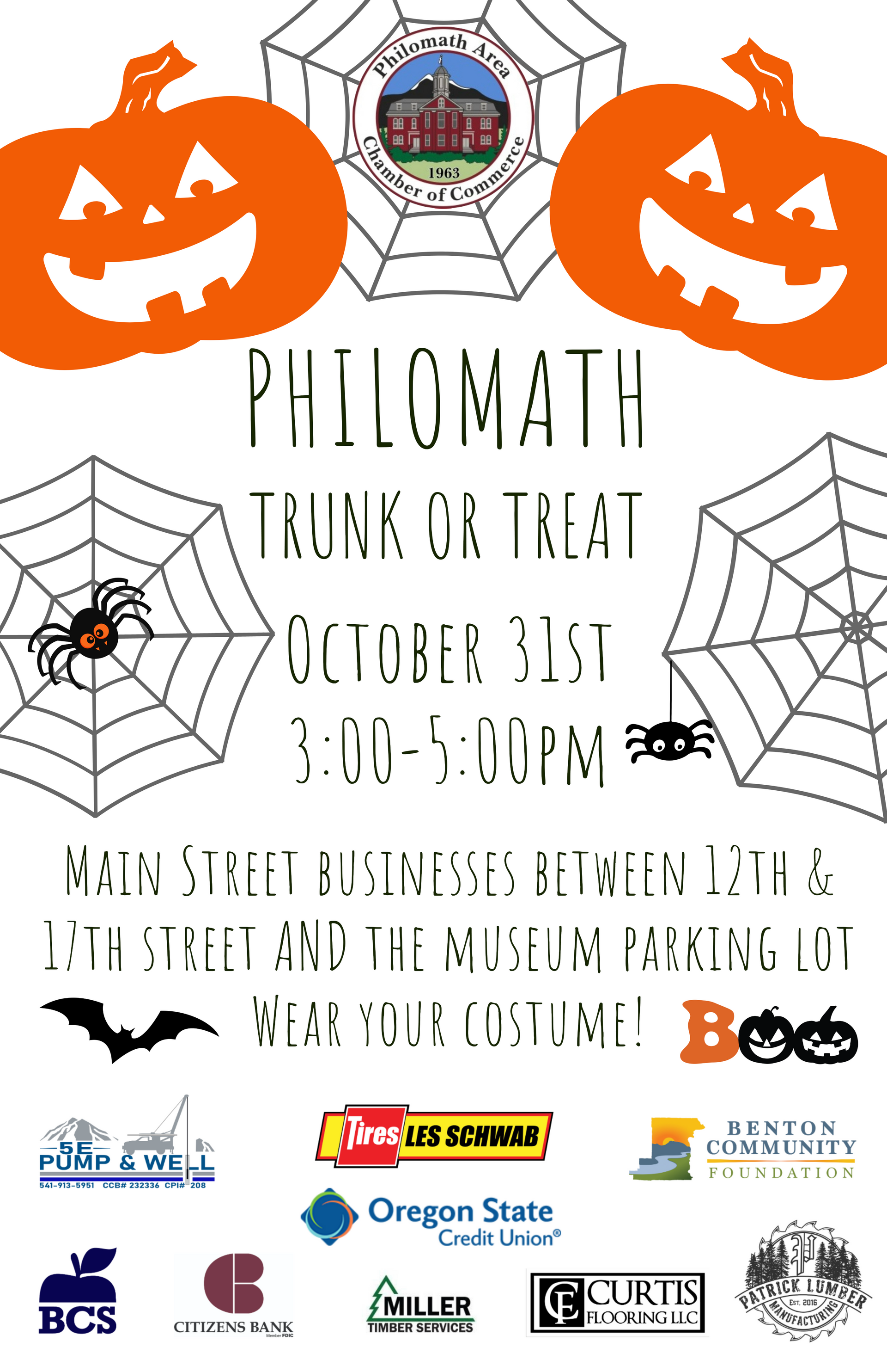 A poster for philomath trunk or treat on october 31