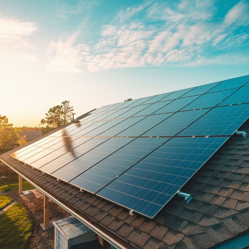 Solar panels on a rooftop at sunset with a blue sky and warm light