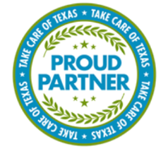 Blue and green “Proud Partner” Texas logo with laurel wreath and “Take Care of Texas” text
