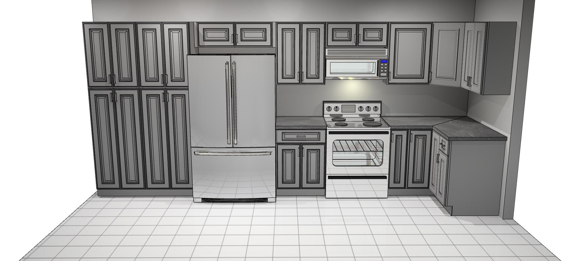 A 3d model of a kitchen with stainless steel appliances