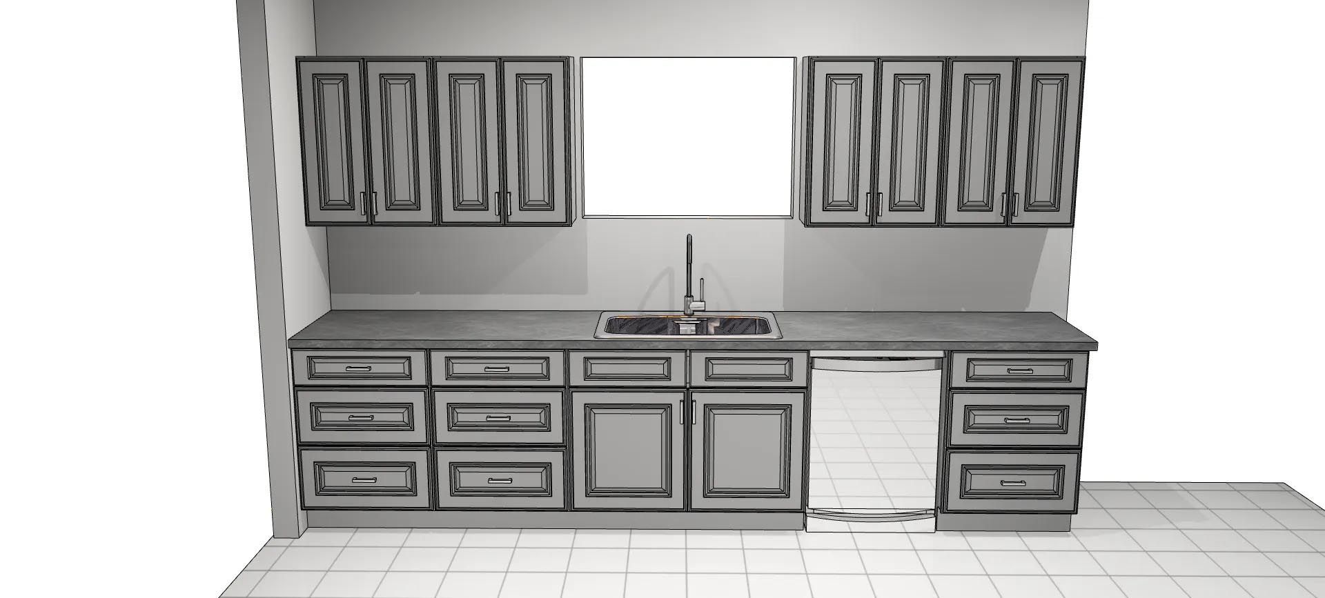 A black and white drawing of a kitchen with cabinets and a sink
