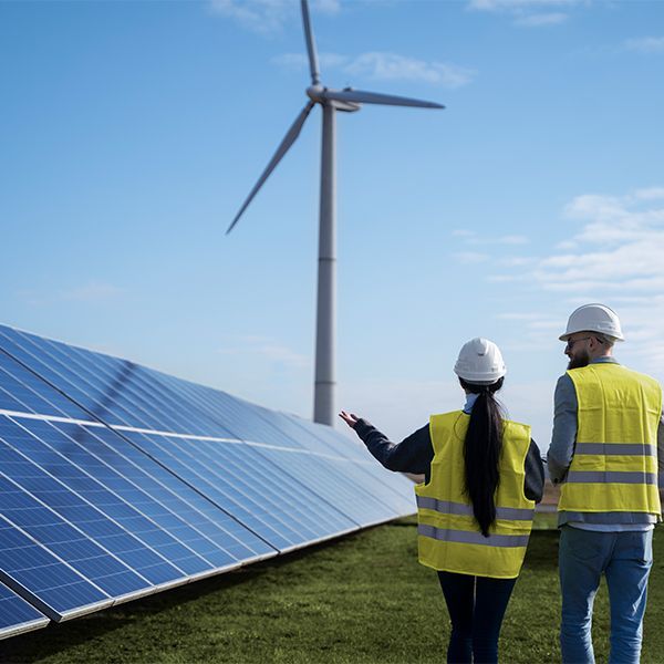 A man and a woman are standing in front of a wind turbine and solar panels.