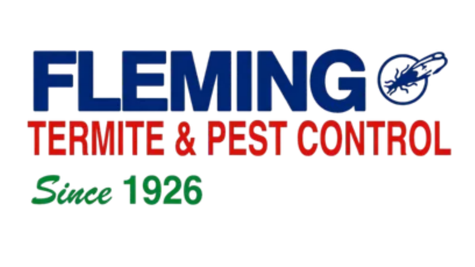 Fleming Termite & Pest Control logo. Blue text on white background: 