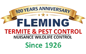 Fleming's Termite & Pest Control logo. White text on a transparent background.