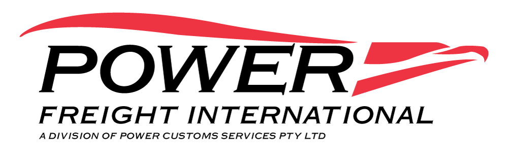 The logo for power freight international is red and black