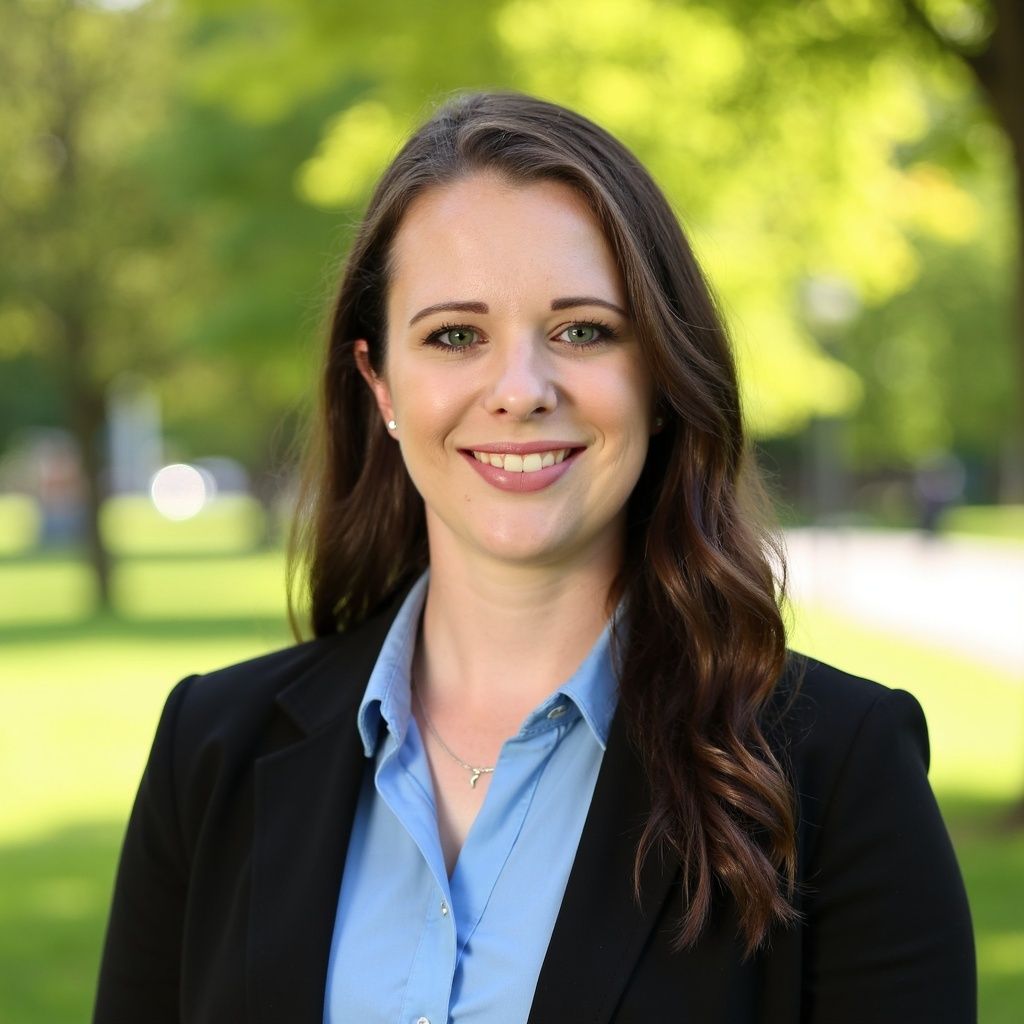 Woman with brown hair in a blue shirt and black blazer smiles in a park setting.