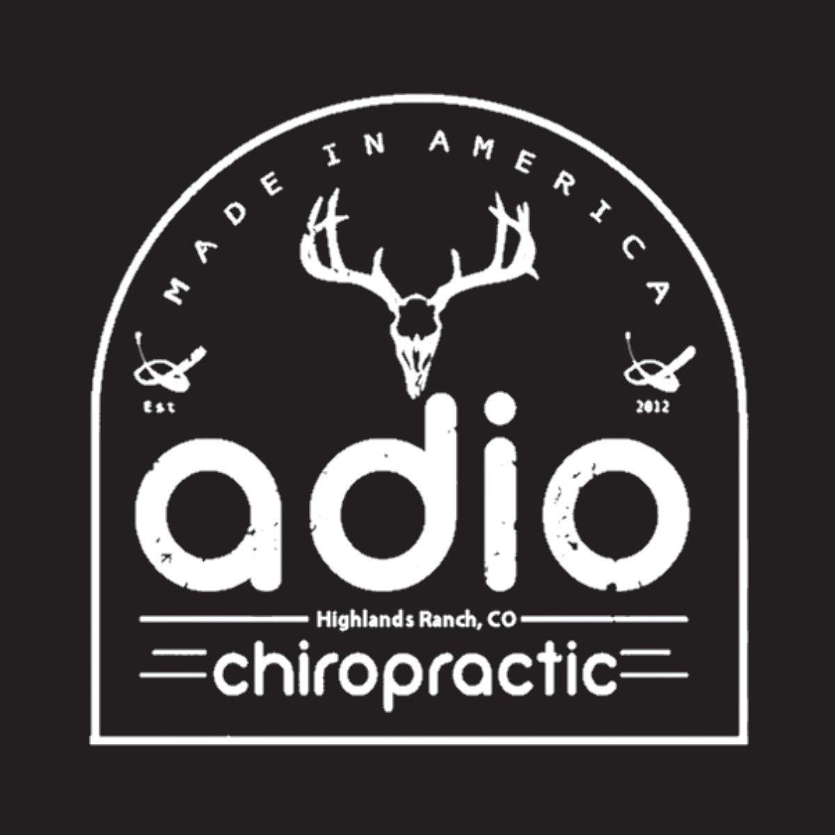 A logo for adio chiropractic with a deer skull