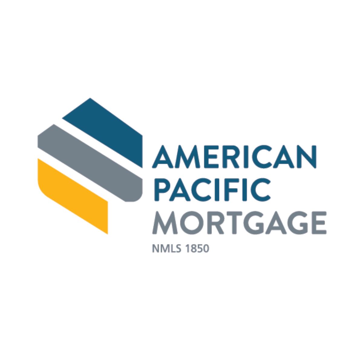 The logo for american pacific mortgage is blue and yellow.